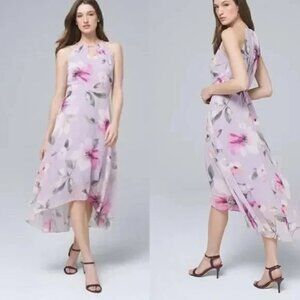 WHBM FLORAL PRINT PURPLE HI-LOW HALTER MIDI DRESS